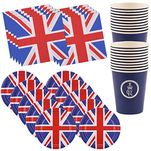 WedDecor 45pcs Set Union Jack Plates Napkins Cups Serviettes Tableware for King Charles III Coronation Party Supplies Sporting Event for BBQ Pub Royal Theme