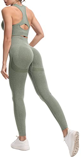JOJOANS Damen 2-teiliges Nahtloses Trainingsanzug Yoga Outfit Jogginganzug Set Freizeitanzug(Grün,L)