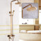 KinHall Robinet de douche mural en laiton - Ensemble de douche rétro bronze - Avec douchette à main et étagère, colonne de douche - Douche à effet pluie pour baignoire