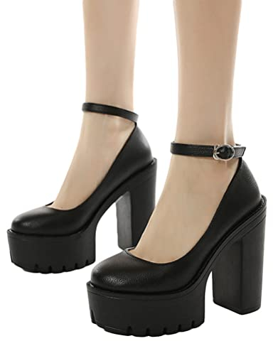 Minetom Damen Sandalen Plattform Mary Jane High Heels Retro Gothic Pumps Sandalen Damenschuhe Runde Zehen Chunky Lackleder Schuhe A Schwarz 41 EU