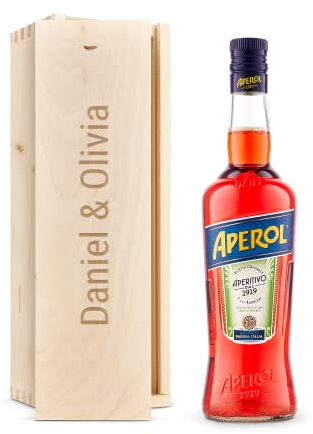 Personalisierter Aperol - Flasche Aperol Likör in einer gravierten Holzkiste - Hochwertige Lasergravur auf dem Deckel, mit einem Namen oder einem anderen Text gestaltet