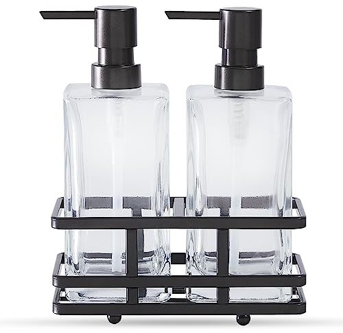 Square Glass Clear Lotion and Soap Pump Dispenser Set with Metal Stand Caddy for Bathroom Bath Kitchen Home Office Travel Hotel Hand Crafted Heavy Weight (Oil Rubbed Bronze)