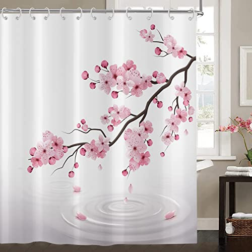Hnmdmyi Rideau de Douche Fleurs de Cerisier 180x220, Rose Japonais Style Asiatique Sakura Art, Imperméable Tissu Polyester Lavable pour Baignoire