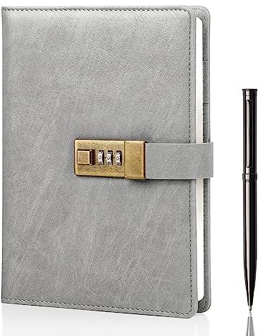 WEMATE Tagebuch mit Schloss, A5 PU Leder Journal mit Schloss 240 Seiten, Vintage Lock Journal mit Stift & Geschenkbox, abschließbares Tagebuch für Frauen & Männer, 8.6x5.8in Lichtgrau