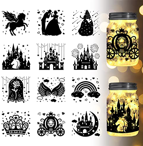 GLOBLELAND 12 Stück Märchen-Silhouette-Fensteraufkleber, Schloss, Prinzessin, Krone, Kunststoff-Silhouette, Wandaufkleber, Lampenaufkleber, Glasaufkleber, Dekorationen, Kunstwand, Heimdekoration