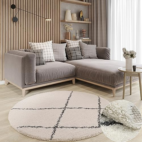 MY-RUG Teppich Shaggy Luxe Rund Creme Weiß 150 cm - Wohnzimmer Hochflor rutschfest Flauschig Weich Moderne Einfarbige Muster Schlafzimmer Skandi Rauten Muster
