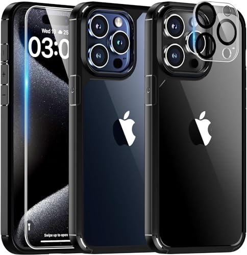 TAURI Black Case for iPhone 15 Pro Case, and Screen Protector, [Not-Yellowing & Military Drop Defense] Shockproof Phone Case 6.1 inch
