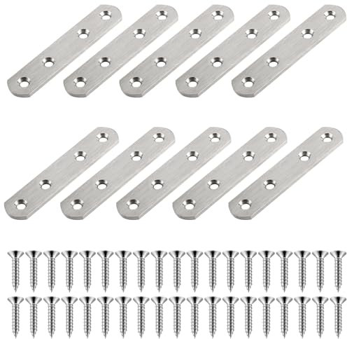 10Pcs Flat Brackets for Wood, 16X76mm Mending Plates, Flat Bracket Connector Joining Mending Plate with 40 Screws for Repair Fixing Furniture 76mm Repair