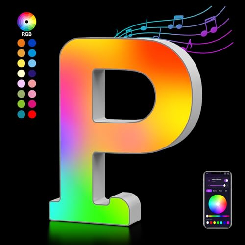 Light Up Letters USB Powered, LED Letter Lights Color Changing Alphabet Sign Gifts for Girls Women Party Birthday Decorations, APP Control, Night Light Christmas Valentine Wall Table Decor - P