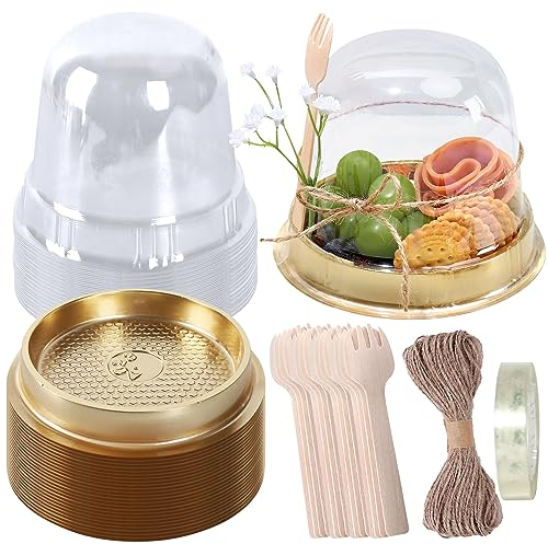 Whaline 100 Sets Disposable Individual Charcuterie Cup Set Clear Plastic Cupcake Container with Mini Wooden Spork Rope for Graduation Dessert Display Charcuterie Grazing Table Catered Event Wedding
