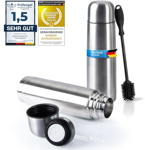 Edelstahl Thermosflasche mit Becher & Bürste; Thermoskanne Doppelwandige Isolierkanne; Auslaufsicher, Spülmaschinenfest & BPA-frei + Reinigungsbürste; hält Getränke heiß & kalt (Silber - 1000 ml)