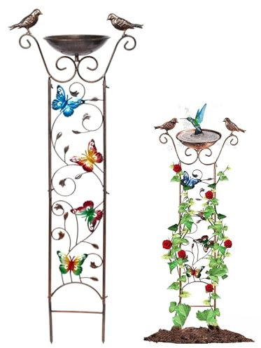Baignoire d'oiseaux avec treillis de jardin, treillis de jardin en métal de 1 m / 40 pouces avec plateau de bains d'oiseau de 7,3 pouces, mangeoire à eau d'oiseau détachable, treillis pour les plante