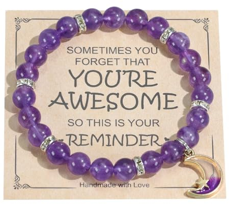 Ouubuuy 8mm Amethyst Armband für Damen, Edelstein Mond Anhänger, Chakra Yoga Bergkristall Armband, Paar/Freundschafts/Partner Armbänder