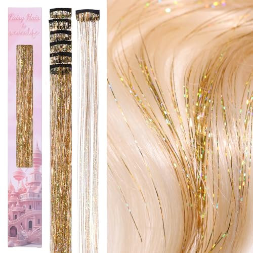 WENNALIFE Hair Tinsel Clip In, 6 Stück Gold 60cm Haar Lametta Glitzer Haarsträhnen Kit Lametta für die Haare Glitzer Haare Festival Party Haar Glitzer Tinsel Hair Fairy Hair für Mädchen