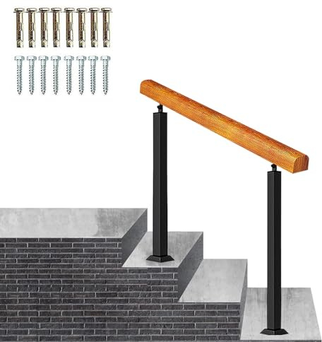 Pasamanos escalones al aire libre, se adapta a barandilla de escalera exterior 1 o 3 escalones, barandilla de madera y metal pasamanos flexible porche frontal pasamanos transición escalones hormigón (