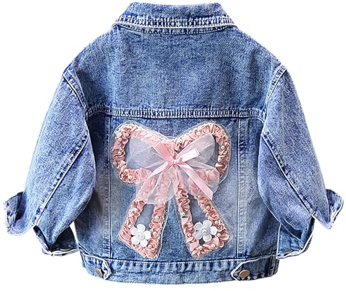 SXSHUN Kinder Jeansjacke Mädchen Jeans Jacke mit Bestickten Blumen Denim Jacket Süß Kinderjacke mit Schleife Outdoor Cowboy Mantel