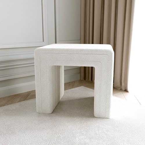 FABS Fabric Foot Stool - Aspen Ivory Bouclé Fabric Footstool - White Upholstered Ottoman Footstools for Living Room, Lounge, Bedroom Decor - Modern Compact Design, 43cm x 49.5cm x 40cm