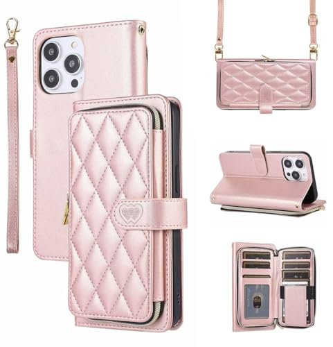 GoodcAcy Handyhülle für Huawei P10 Lite Hülle mit Band, Handykette Case Klappbar, Leder Klapphülle Handykette Flip 9-Karten Schutzhülle Magnet Handy Hülle mit Kette Umhängen (Rose Gold)