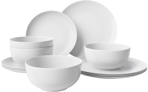 Yoshy Vajilla de porcelana blanca de 12 piezas con diseño ligero y duradero resistente a las astillas, servicio para 4 personas