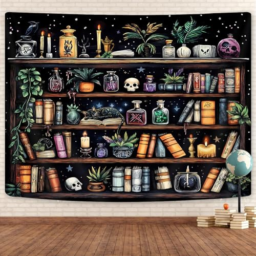 Bücherregal Tapisserie Magische Bibliothek Hexe Tapisserie Vintage Fantasy Dunkles Bücherregal Hippie Cool Tapisserie Gothic Schädel Schwarze Katze Buch Ästhetischer Wandteppich für Decke Schlafzimmer