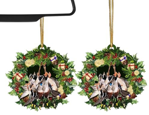 Entenjagd-Christbaumschmuck,Jagd-Entenornament - Entenjagd-Spiegel-Ornament, 2er-Set | Weihnachtsanhänger aus 2D-Acryl-Ornamenten, hängende Ente für Weihnachtsbaum, Fenster, Autoinnenraum