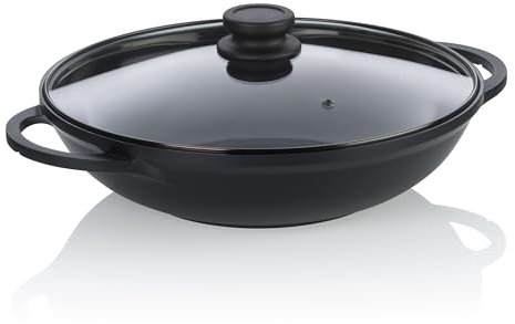 kela wok pan 32 cm with glass lid ATURA, wok induction 4 litres, cast aluminium ceramic coated, PFAS free, black
