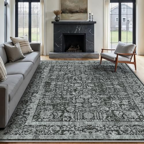 HUGEAR Tiefschwarz Vintage Teppich Wohnzimmer 180x270cm Waschbar | Waschbarer Retro Teppich,Weich,Rutschfest Kurzflor,Groß,für Wohnzimmer,Schlafzimmer, Esszimmer,Büro,Carpet,Teppiche
