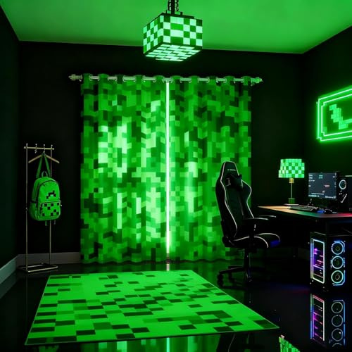 feelingyou Green Pixelated Miners Gamer Curtains,Video Games Blackout Curtains,Kids Boys Girls Teens Room Decor,Cartoon Gamepad Treatment Modern Geometric Check Window Drapes,2 Panels,46Wx54L