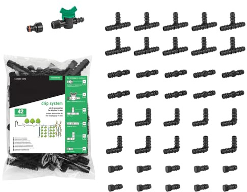 42 Stück Tropfbewässerung Zubehör 16mm – Verbinder Set mit Hahnanschluss, T-Stücken, L-Stücken, Endstopfen – für 16mm Tropfschlauch Garten