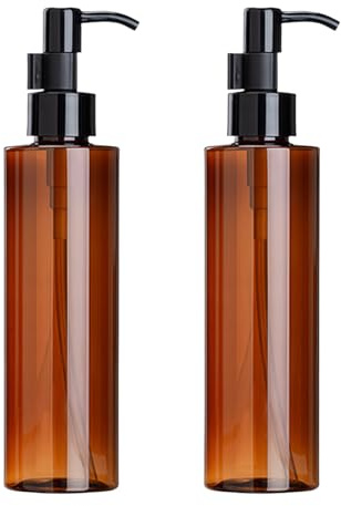Lot de 2 flacons à pompe rechargeables en plastique ambré avec tête de pompe noire pour shampooing, démaquillant, huile, cosmétique, 200 ml