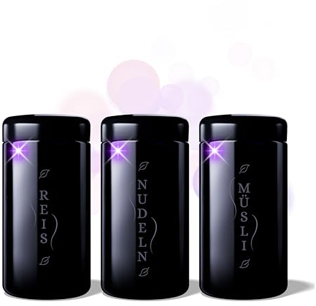 ANCEVIA edles Violettglas mit individueller GRAVUR Vorratsglas 1000 ml – 3er Set luftdichte Vorratsdose mit Deckel | Miron Glasbehälter mit Deckel für z.B. Reis, Müsli, Nüsse, Tee & Kräuter