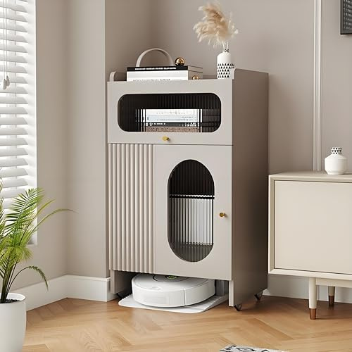 DQSPDBD Meuble robot aspirateur avec rangement caché, balayeuse à vidange automatique avec roues et tiroir, changement d'eau facile pour salon, bureau, maison, cuisine