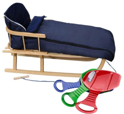 BirnePower Holzschlitten 90cm mit Rückenlehne und Winterfußsack 90cm oder 108cm Komplettset inkl. Zugseil & Gurt, Rodelschlitten aus Buchenholz