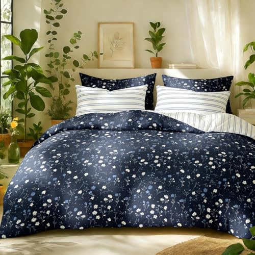 Lanqinglv Bettwäsche 135x200 cm Marineblau Weiß Blumen Blätter Wendebettwäsche Gestreift Bettbezug mit Reißverschluss und 1 Kissenbezug 80x80,ÖkoTex Bettwäsche für Allergiker Geeignet