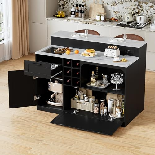 MSFE 2-in-1 Kitchen Island, Marble Breakfast Bar Table with Power Outlet, Modern Kitchen Islands Free Standing with Storage, Drawer, Cabinet, Open Shelf, 6 Wine Holders for Dining Room & Kitchen
