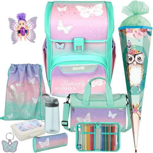 Pridera Scooli Schulranzen 1. Klasse Mädchen Butterfly Wishes Schmetterling EasyStart Schulranzen-Set (10tlg. mit Sporttasche Brotdose Trinkflasche Fairy-Püppchen Schultüte E)