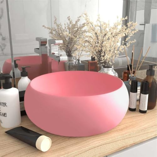 Ziaphsol Lavabo rotondo in ceramica, 40 x 15 cm, per bagno, ospiti, WC sanitario, foro di scarico 4,5 cm, colore: rosa opaco