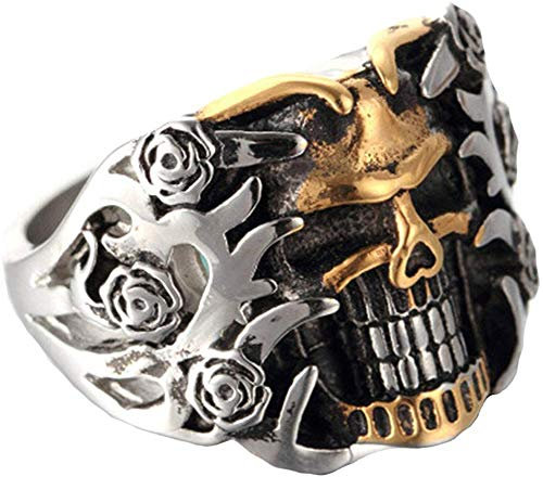 HIJONES Hommes Rose Gravé Acier Inoxydable Gothique Crâne Tête de Mort Bague Or Argent Taille 62