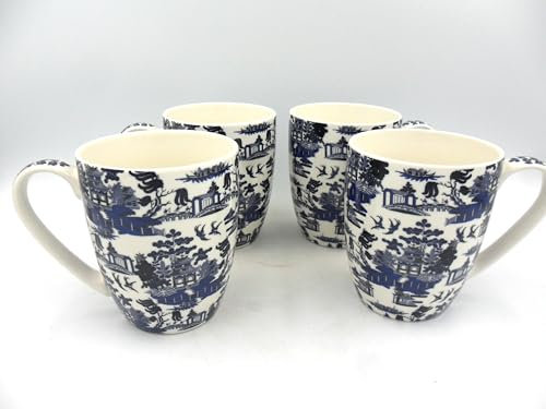 Heron Cross Pottery Abbeydale Collection Set of 4 Aspen China Mugs in Blue Willow Pattern Design