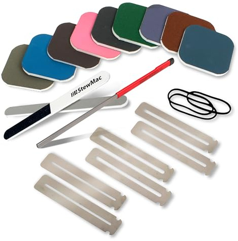 StewMac Rough Fret Smooth Shine Set zum Glätten und Polieren von Bünden | Mehrstufiges Abrasivsystem vom Mattieren bis zum Spiegelglanz verbessert Gleitgefühl und Spielkomfort nach der Formgebung.