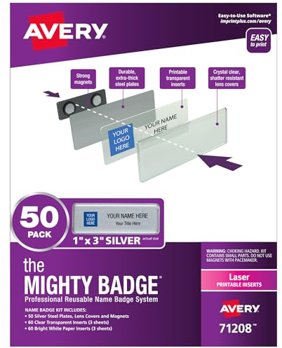 The Mighty Badge von Avery, 2,5 x 7,6 cm, silberfarben, 50 Ausweisschilder, 120 Einlagen für Laserdrucker (71208)