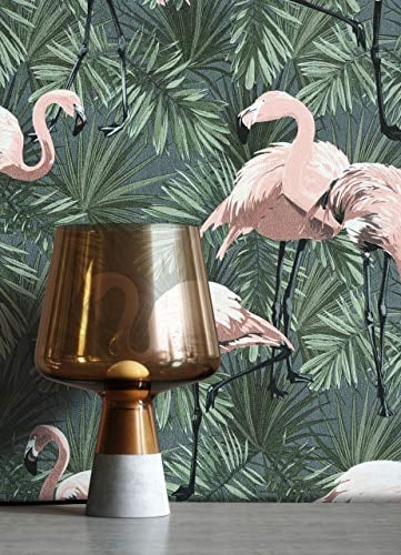 NEWROOM Tapete Dschungel Blumen Grün EcoDeco Vliestapete Palmenblätter Flamingo Pink Rosa Vintage Tapete Umweltfreundlich PVC-frei Geruchsneutral Blätter Mustertapete Wallpaper Blumentapete Floral
