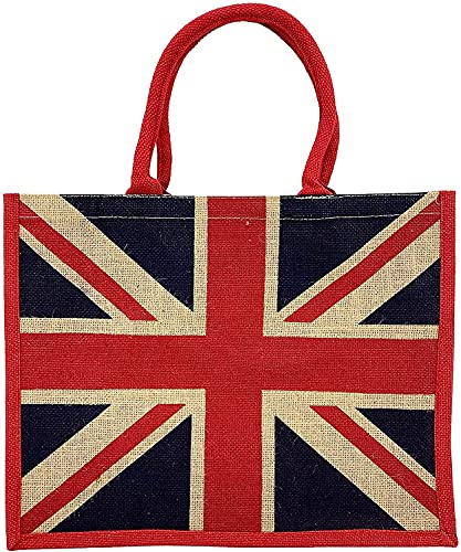 Jute-Einkaufstasche in Box-Form, umweltfreundlich, mit Zwickel (Union Jack)
