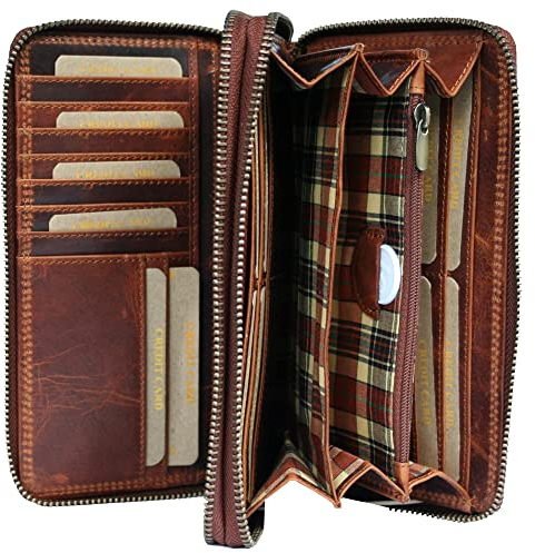 Damen Frauen Geldbörse Portemonnaie echtes Leder | Reißverschluss | praktisches Kleingeldfach | Brieftasche | Geldbeutel | Wallet | RFID Schutz | braun | Hill Burry