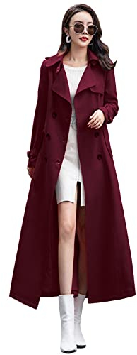 ebossy Women's Double Breasted Duster Trench Coat Slim Full Length Maxi Long Overcoat, Wine Red, Medium