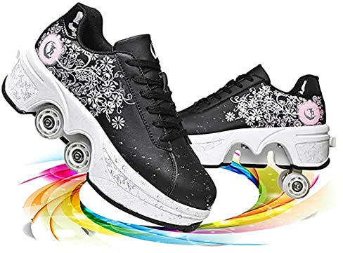 Roulette Rollschuhe Mädchen, Sneakers Roller Skateboardschuhe Sneakers mit Rädern Sport Gymnastik Mode Mehrzweck-Kick Roller Schuhe für Jungen Mädchen, Blume Rosa Schwarz, 39 EU