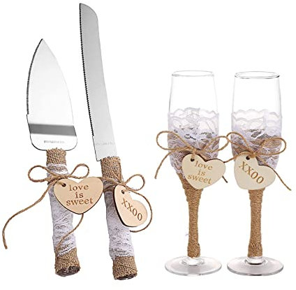 TANG SONG Cake Knife and Server with Champagne Glasses Set Resin Plastic Handle with Twine Heart Love Wood Tag and Burlap Lace Design