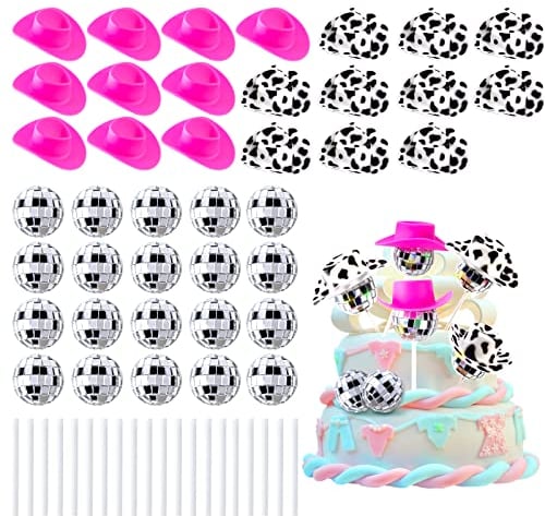 60Pcs Disco Cowgirl Pary Cake Decoration, 20Pcs Disco Ball Cup Toppers 10Pcs Mini Pink Cowgirl Hats 10Pcs Cow Print Cowboy Hats Westen Cowgirl Party Birthday Table Decor