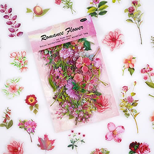 100 Stücke Rosa Blumen Aufkleber, Vintage Floral Pflanze transparente dekorative Aufkleber, Scrapbook Aufkleber für Junk Journal, DIY Kunsthandwerk, Fotoalbum, Planer, Kalender und Notizbuch