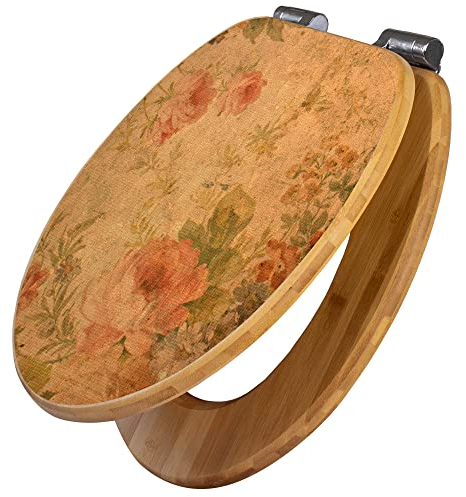 banjado® Design WC Sitz Bambus Absenkautomatik mit Motiv Blumen Antik/Toilettendeckel mit Absenkautomatik Holz/hochwertiger Bambus Klodeckel/WC-Sitz für alle gängigen Toiletten